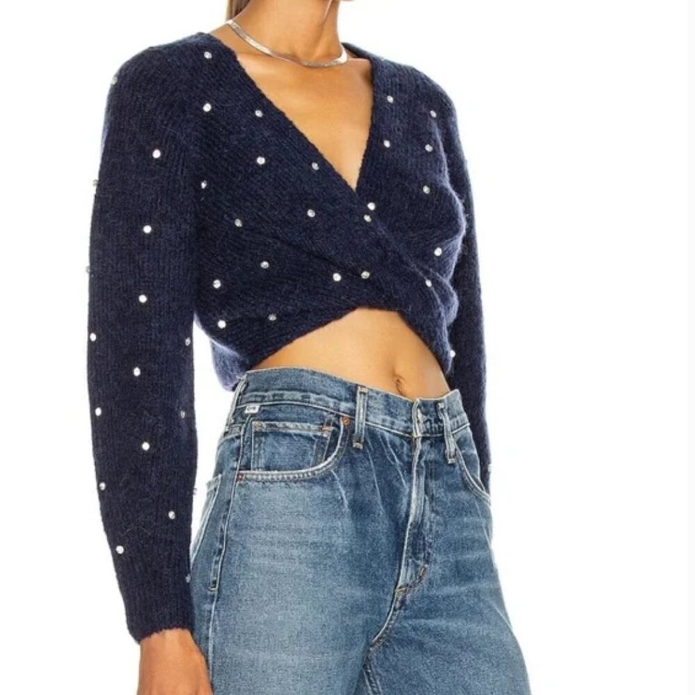 Self-Portrait Diamanté twist front rhinestone embellished navy knit crop sweater